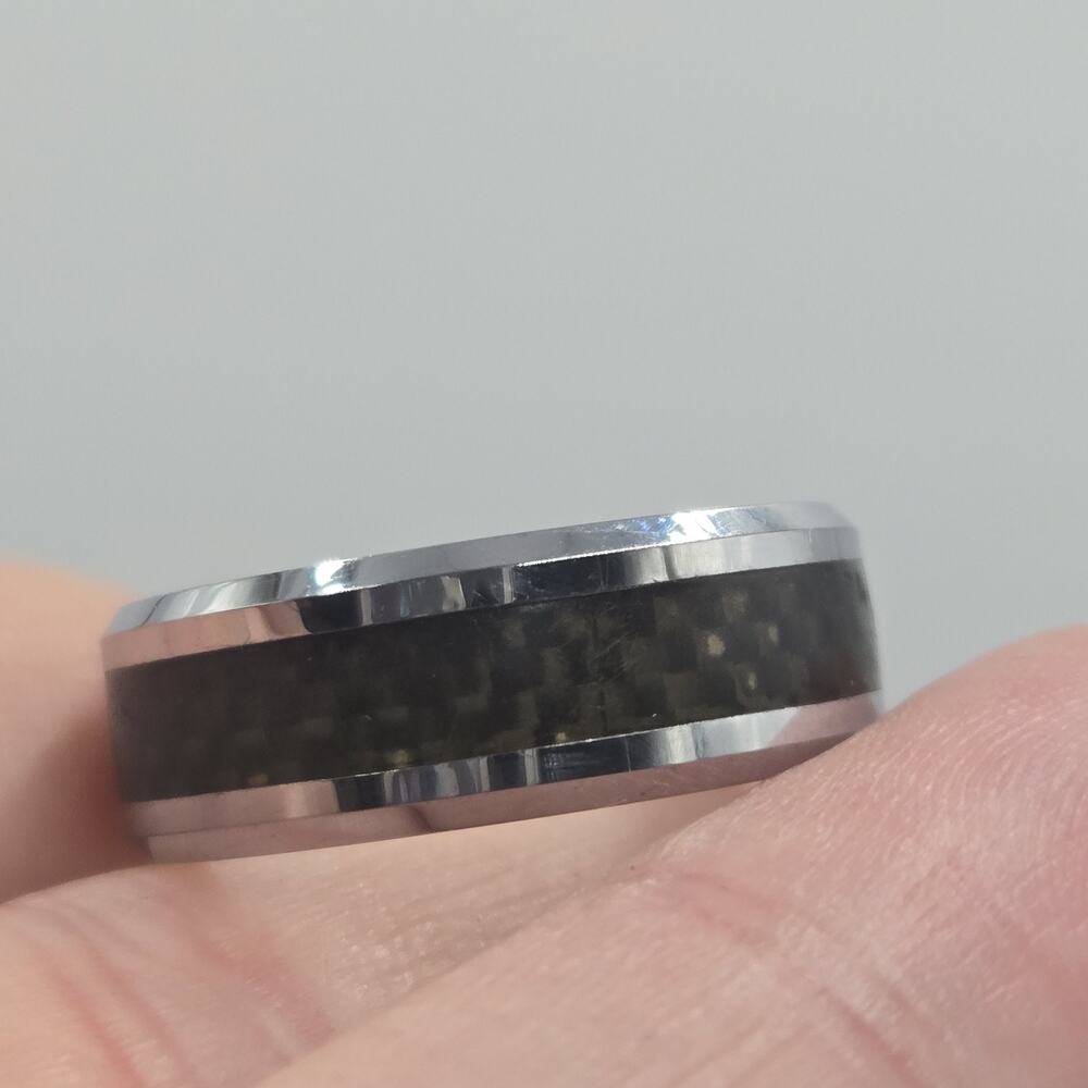 Stuller Men's Wedding Band White Tungsten Carbide Carbon Fiber Inlay Size 10